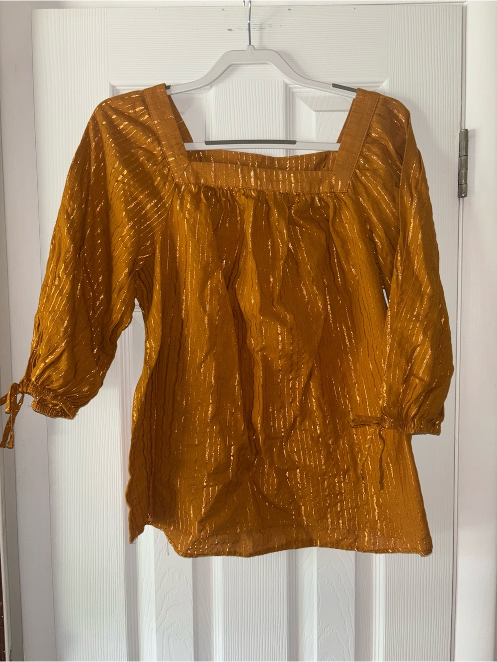 LC Lauren Conrad Blouse size Large in Mustard and Metallic with a Square-Neck